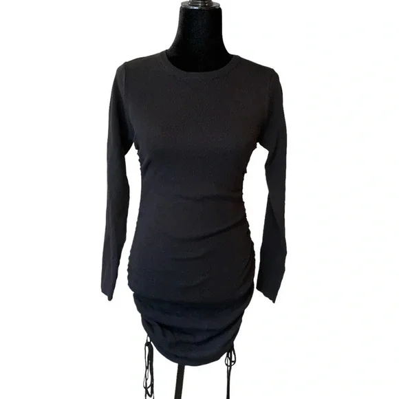 Lioness Black Stretchy Ruched Side Long Sleeve Black Dress Medium - Picture 2 of 10